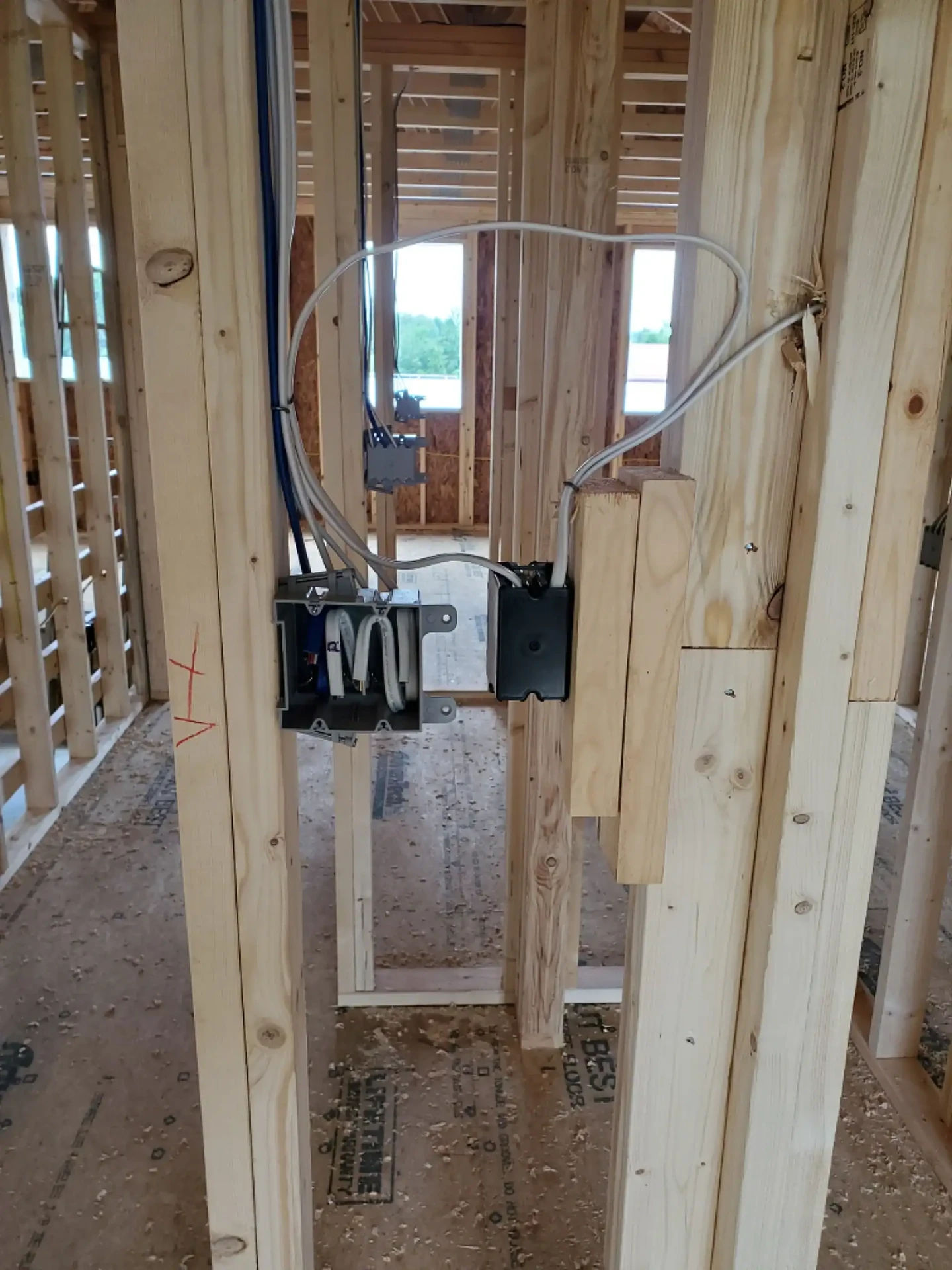 Switch and outlet boxes with cable runs in new framing